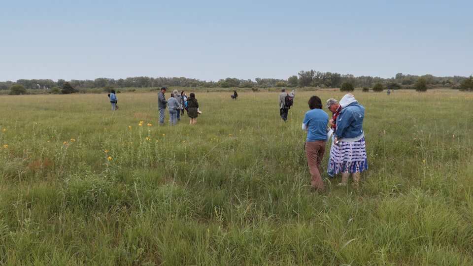Otoe tribal members walking and standing in a grassy field under a cloudy sky