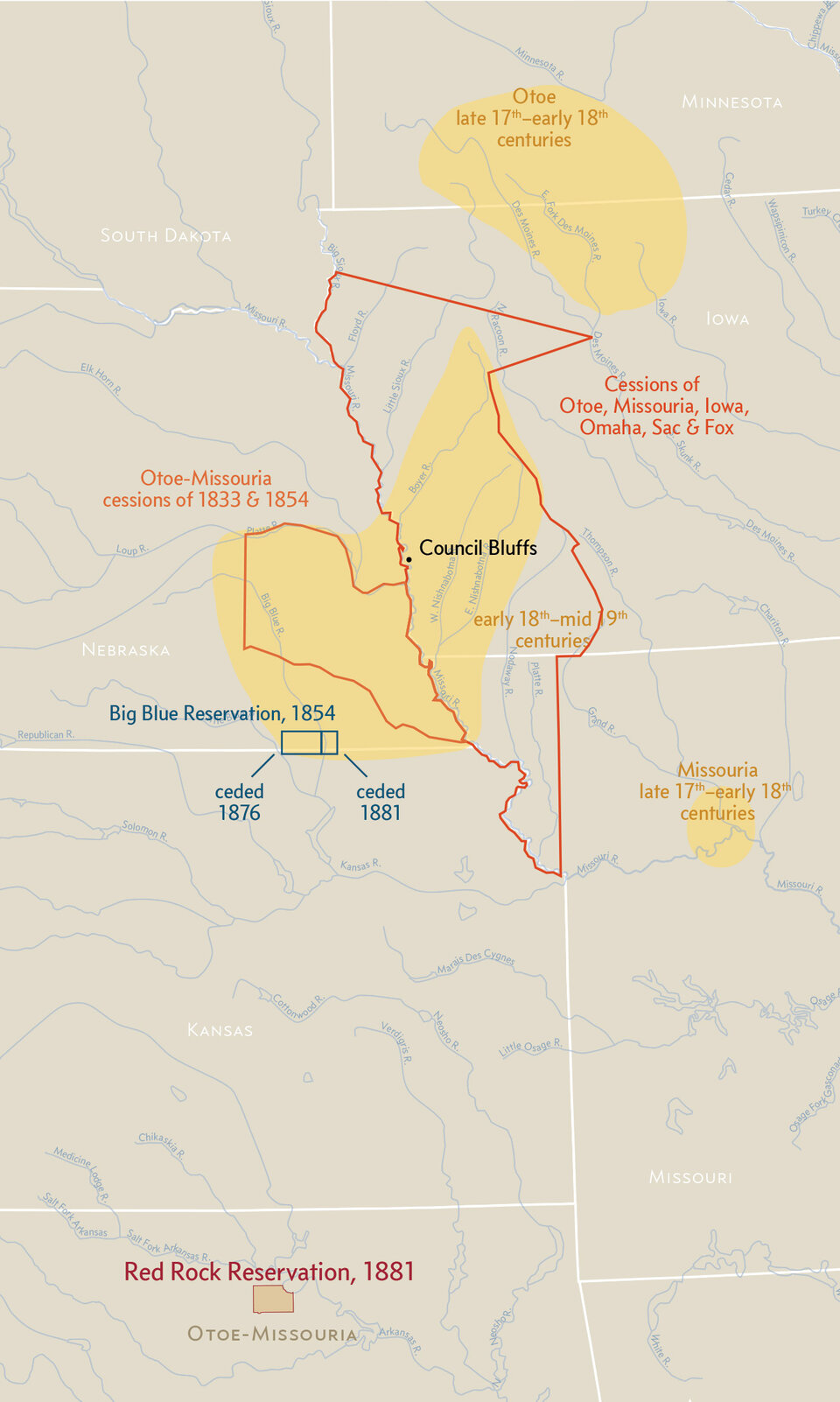Map showing historic locations of Otoe-Missouria land cessions and reservations from 1833 to 1881.